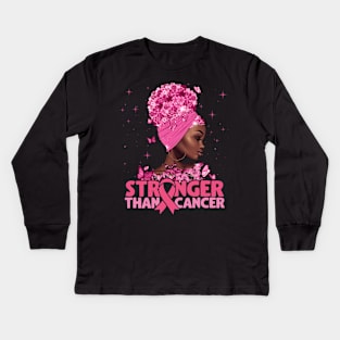 Black Women Queen Stronger Than Breast Cancer Pink Ribbon Kids Long Sleeve T-Shirt